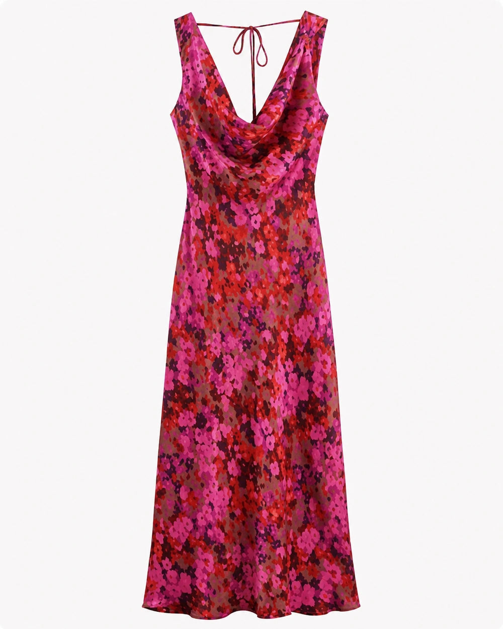 Women's pink floral sleeveless cowl-neck bias-cut maxi dress, product-only full-length view.