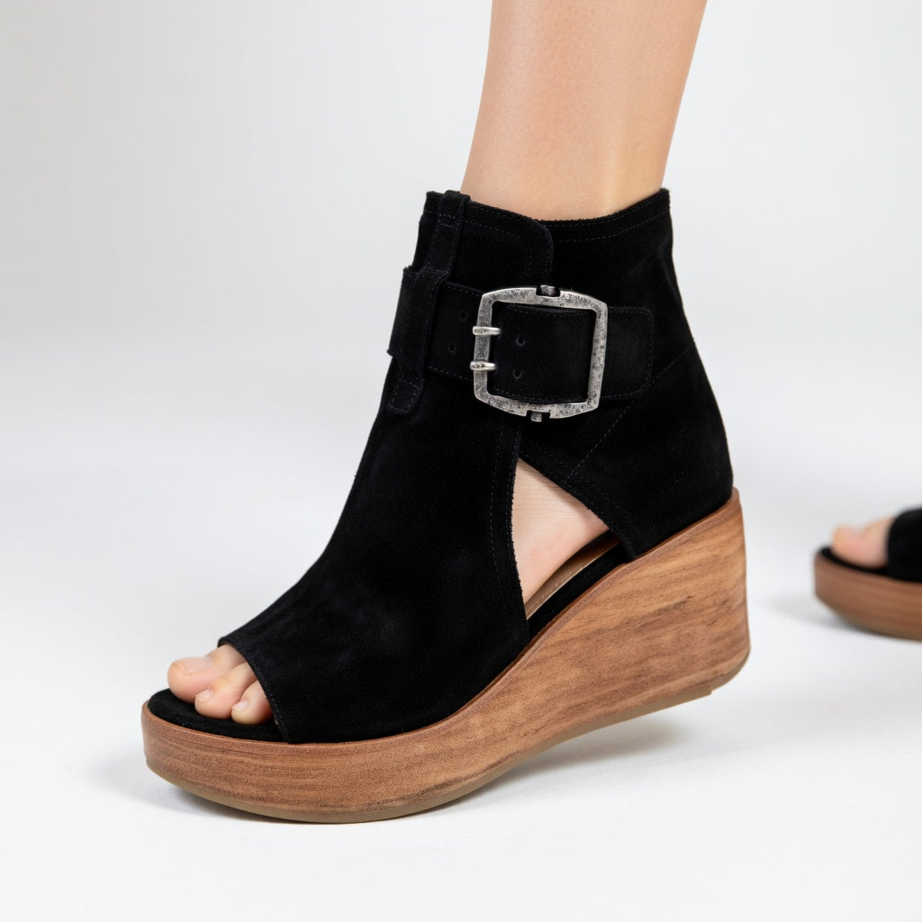 Momount dámske sandále na kline – semišová manžeta na členku s prackou, drevená platforma, peep-toe