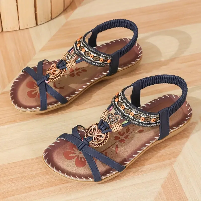 Momount Dámske slingback sandále – petrolejové boho, korálky a štras, nízke