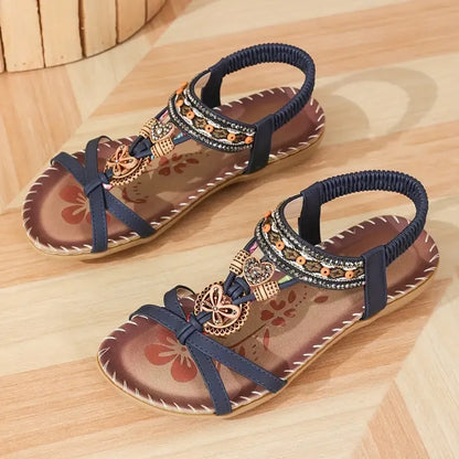 Momount Dámske slingback sandále – petrolejové boho, korálky a štras, nízke