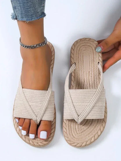 Momount Dámske espadrilkové sandále – ploché šľapky z pletenej juty s prstencom na palec