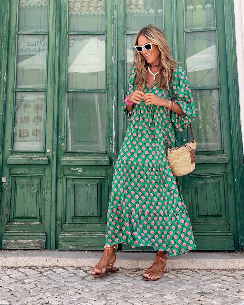 Bellanova | Boho vzorované stupňovité letné maxi šaty s V výstrihom