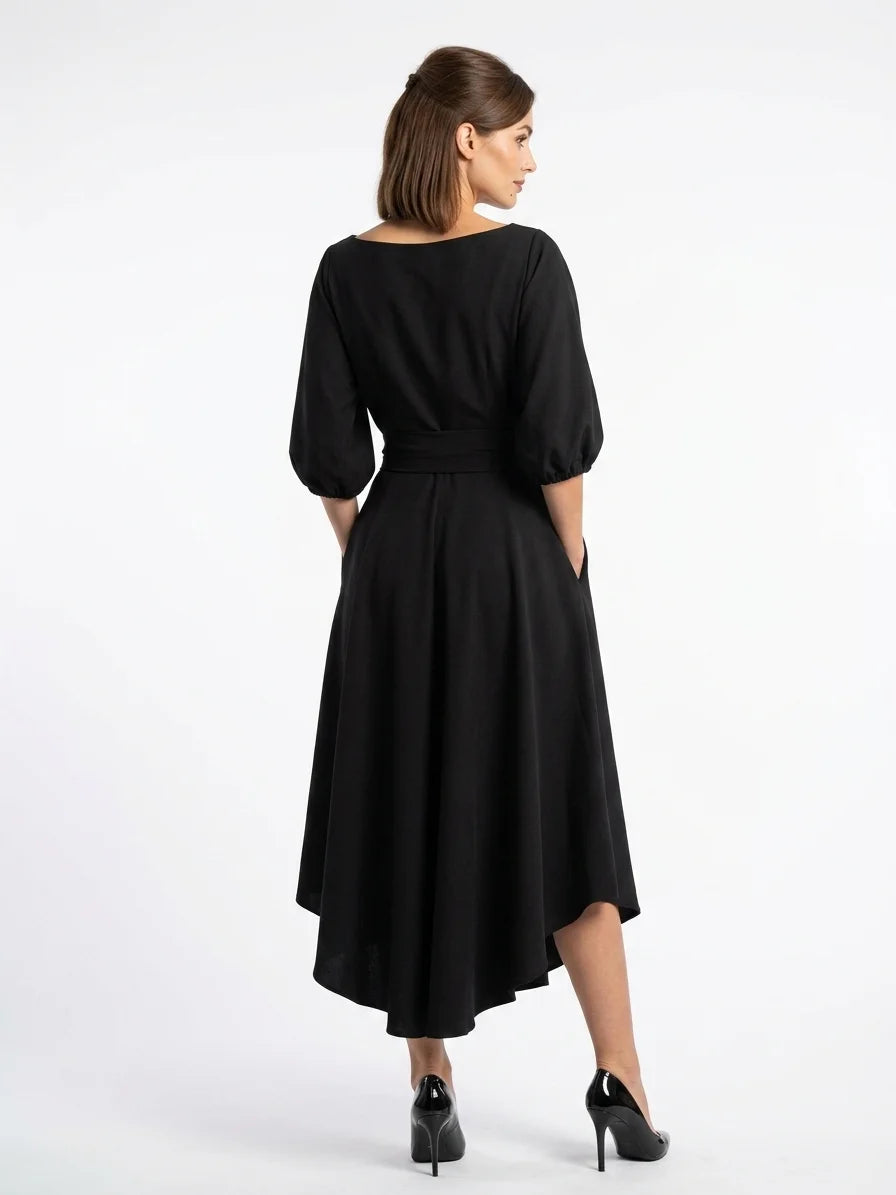 Ameliana | Elegant Off Shoulder Belted Summer Midi Dress - Black - back