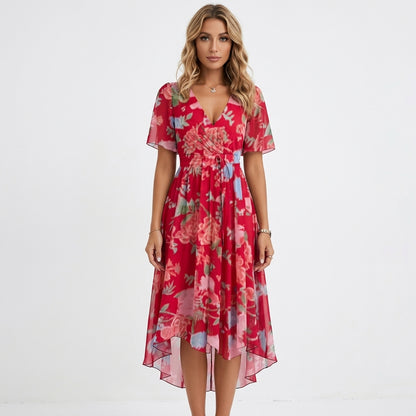 Adele Floral Summer Midi Dress | Casual, Timeless, Effortless - Red - front