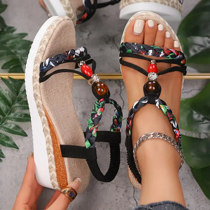 Momount dámske espadrilky na kline – boho pletené s korálkami a kamienkami