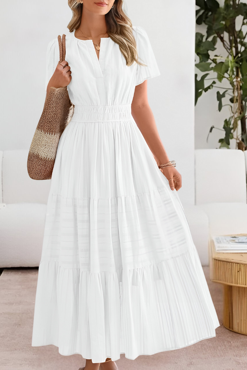 Evangelia | Boho letné midi šaty s riasením, výstrihom do V a vrstvenou sukňou