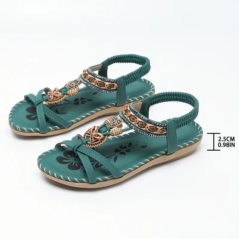 Momount Dámske slingback sandále – petrolejové boho, korálky a štras, nízke