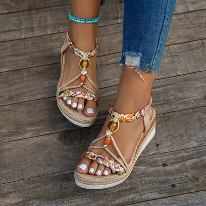 Momount dámske espadrilky na kline – boho pletené s korálkami a kamienkami