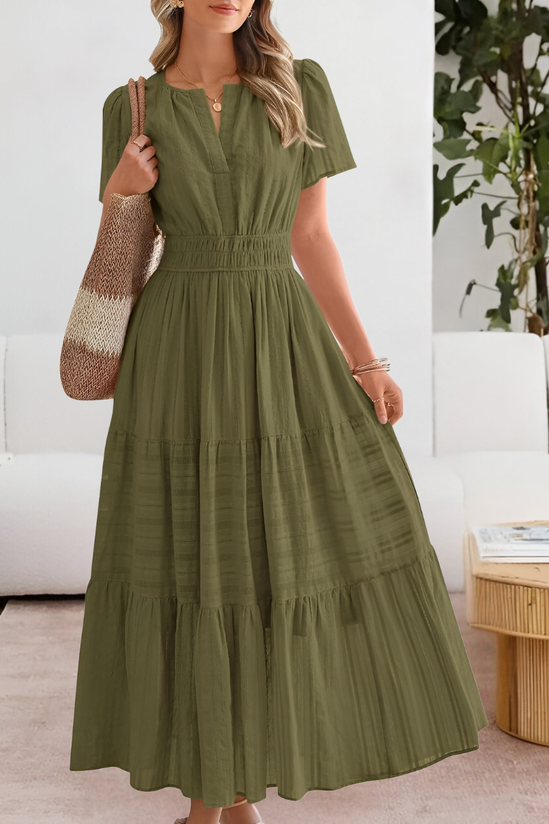 Evangelia | Boho letné midi šaty s riasením, výstrihom do V a vrstvenou sukňou