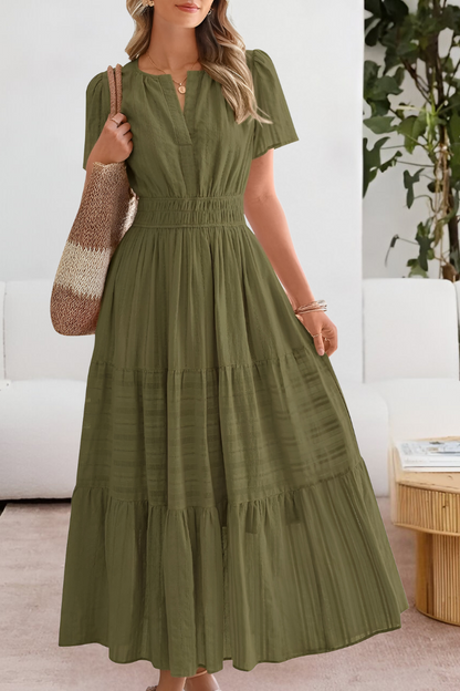 Evangelia | Boho letné midi šaty s riasením, výstrihom do V a vrstvenou sukňou