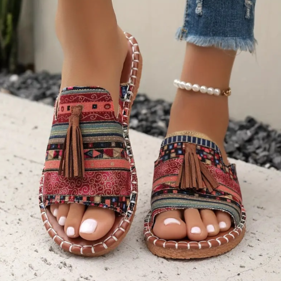 Momount dámske ploché sandále – pohodlné nazúvacie, letné, odpružená opora, ľahké, otvorená špička, boho strapce