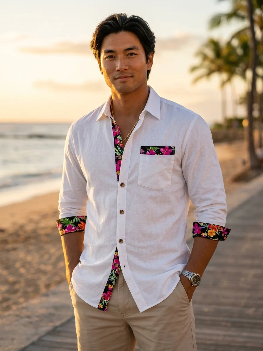 Momount Men Linen Shirt – Long Sleeve Floral Contrast Trim Hawaiian Casual - White - lifestyle_beach