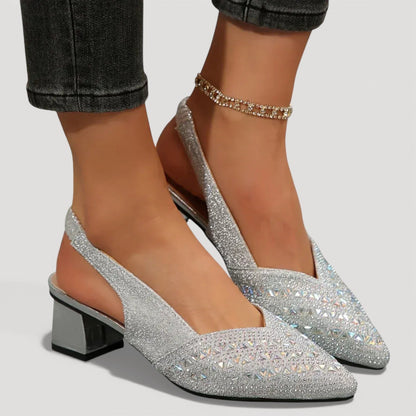 Momount dámske slingback lodičky – štras, špicatá špička, nízky blokový opätok, výrez do V