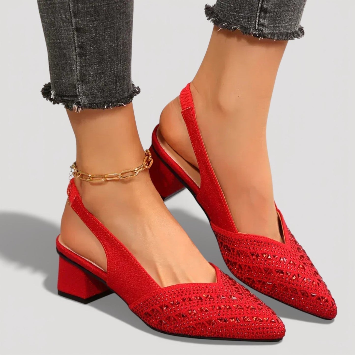 Momount dámske slingback lodičky – štras, špicatá špička, nízky blokový opätok, výrez do V