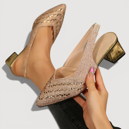 Momount dámske slingback lodičky – štras, špicatá špička, nízky blokový opätok, výrez do V