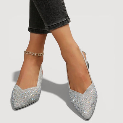 Momount dámske slingback lodičky – štras, špicatá špička, nízky blokový opätok, výrez do V