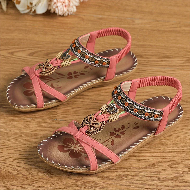Momount Dámske slingback sandále – petrolejové boho, korálky a štras, nízke