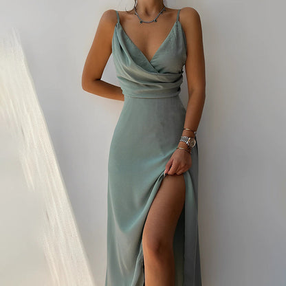 Evangelia | Elegantné saténové zavinovacie letné maxi šaty s V výstrihom