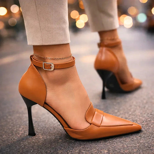 Momount Dámske lodičky na ihličkovom opätku – koža, špicatá špička, remienok okolo členku, slingback