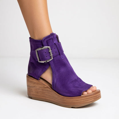 Momount dámske sandále na kline – semišová manžeta na členku s prackou, drevená platforma, peep-toe