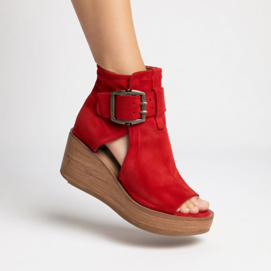 Momount dámske sandále na kline – semišová manžeta na členku s prackou, drevená platforma, peep-toe