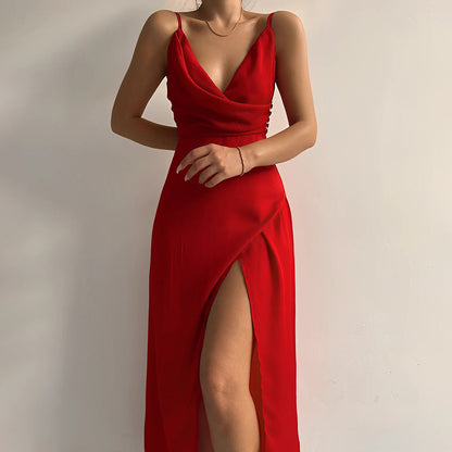 Evangelia | Elegantné saténové zavinovacie letné maxi šaty s V výstrihom