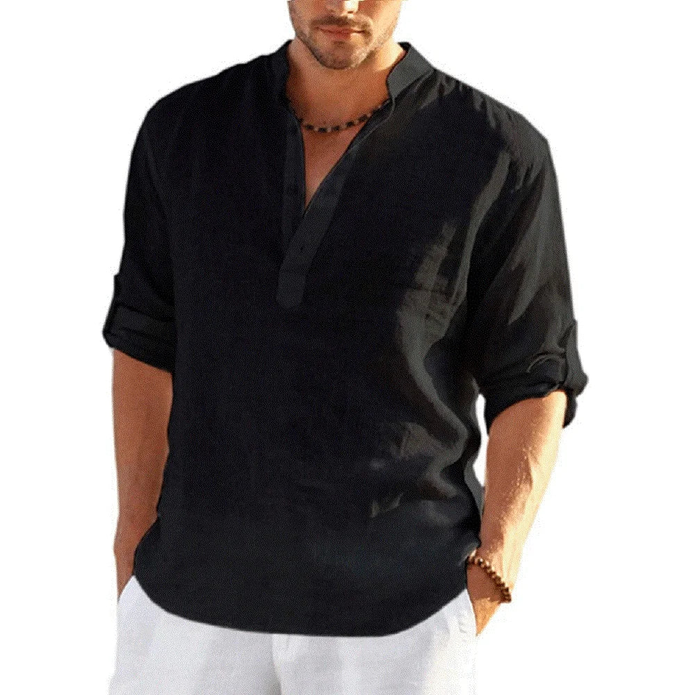 Momount pánska ľanová henley košeľa – dlhý rukáv, golier stojačik, ležérna