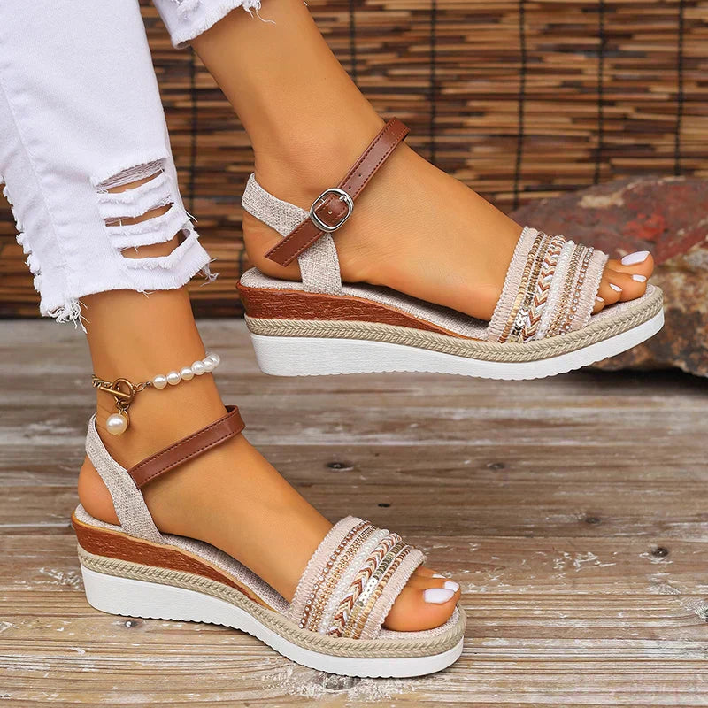 Momount dámske sandále na kline s pohodlnou platformou – slingback remienok s prackou, odpružená opora, pletený dizajn, letné