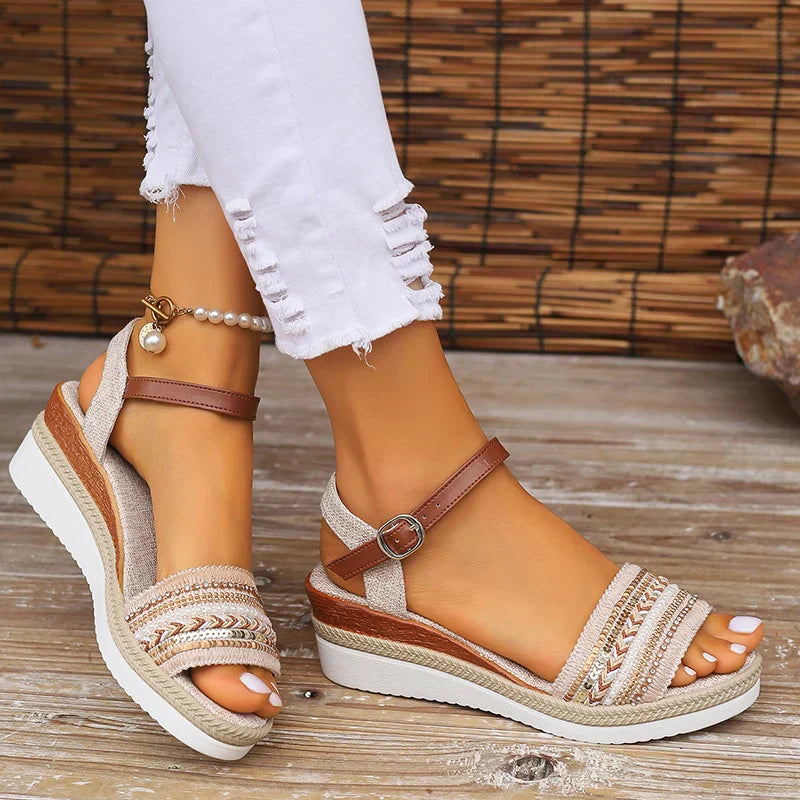 Momount dámske sandále na kline s pohodlnou platformou – slingback remienok s prackou, odpružená opora, pletený dizajn, letné