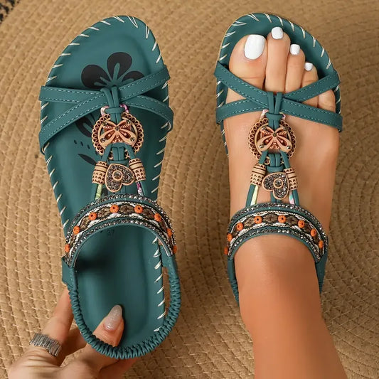 Momount Dámske slingback sandále – petrolejové boho, korálky a štras, nízke