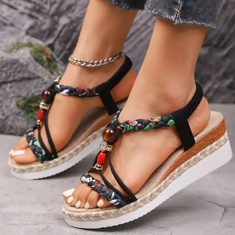 Momount dámske espadrilky na kline – boho pletené s korálkami a kamienkami