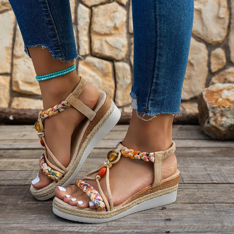 Momount dámske espadrilky na kline – boho pletené s korálkami a kamienkami