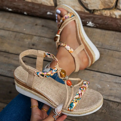 Momount dámske espadrilky na kline – boho pletené s korálkami a kamienkami