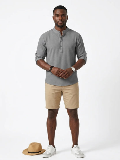 Momount Men Waffle Linen Shirt – Long Sleeve Band Collar Chest Pocket - Gray - front