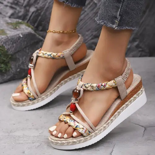 Momount dámske espadrilky na kline – boho pletené s korálkami a kamienkami