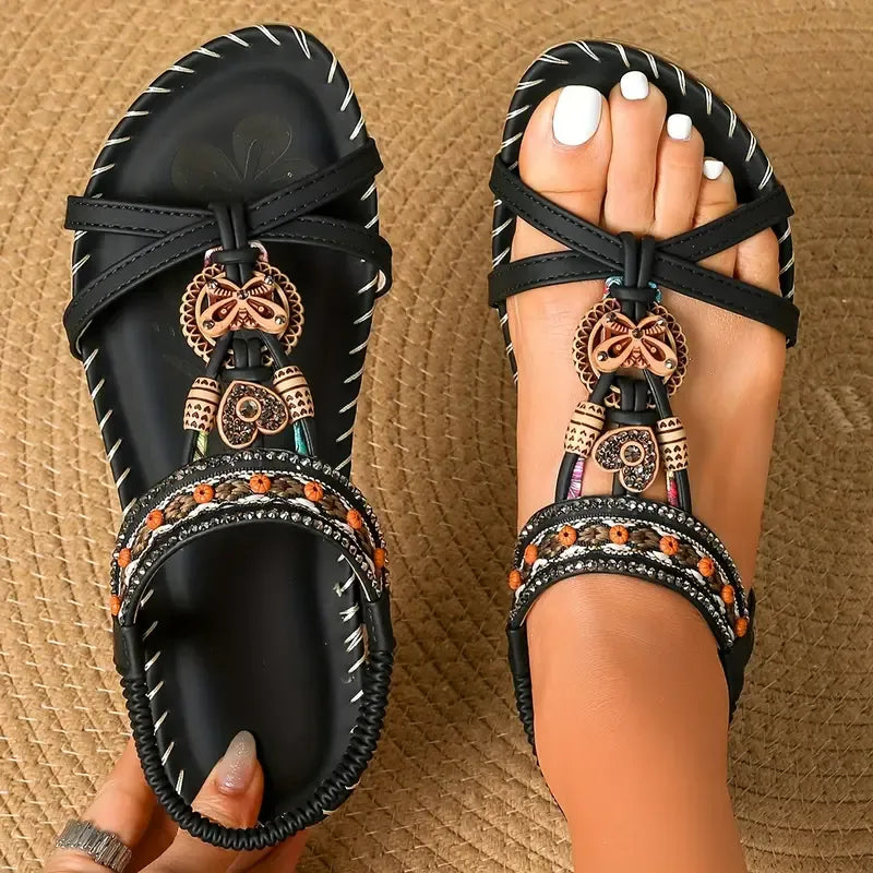 Momount Dámske slingback sandále – petrolejové boho, korálky a štras, nízke