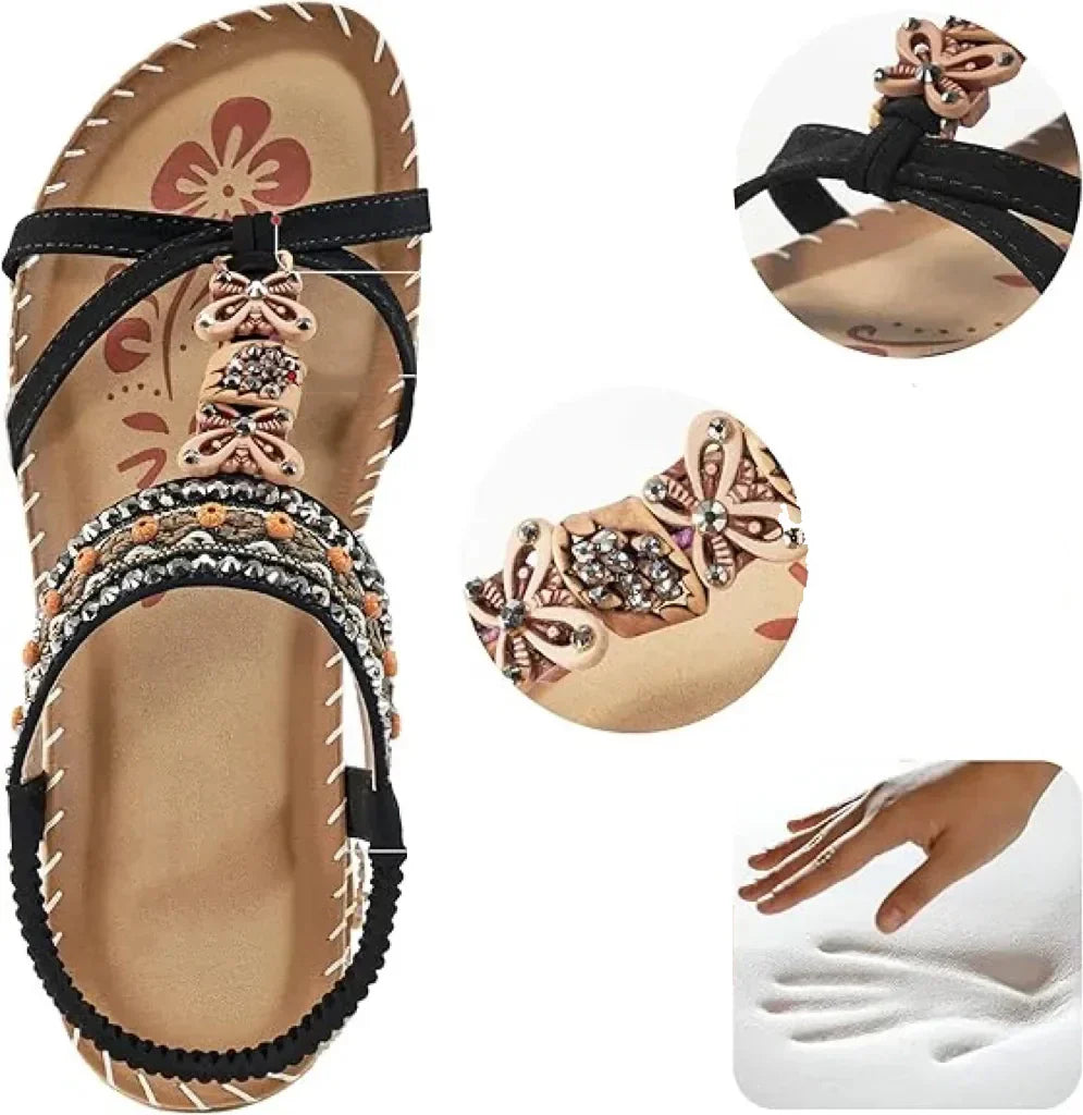 Momount Dámske slingback sandále – petrolejové boho, korálky a štras, nízke