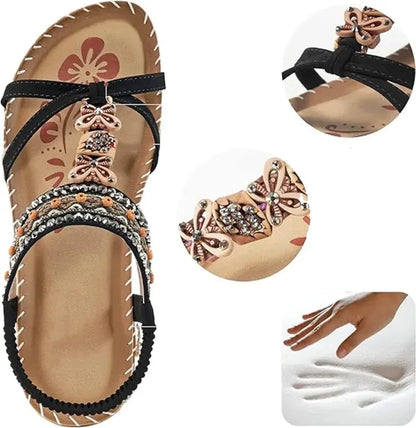 Momount Dámske slingback sandále – petrolejové boho, korálky a štras, nízke
