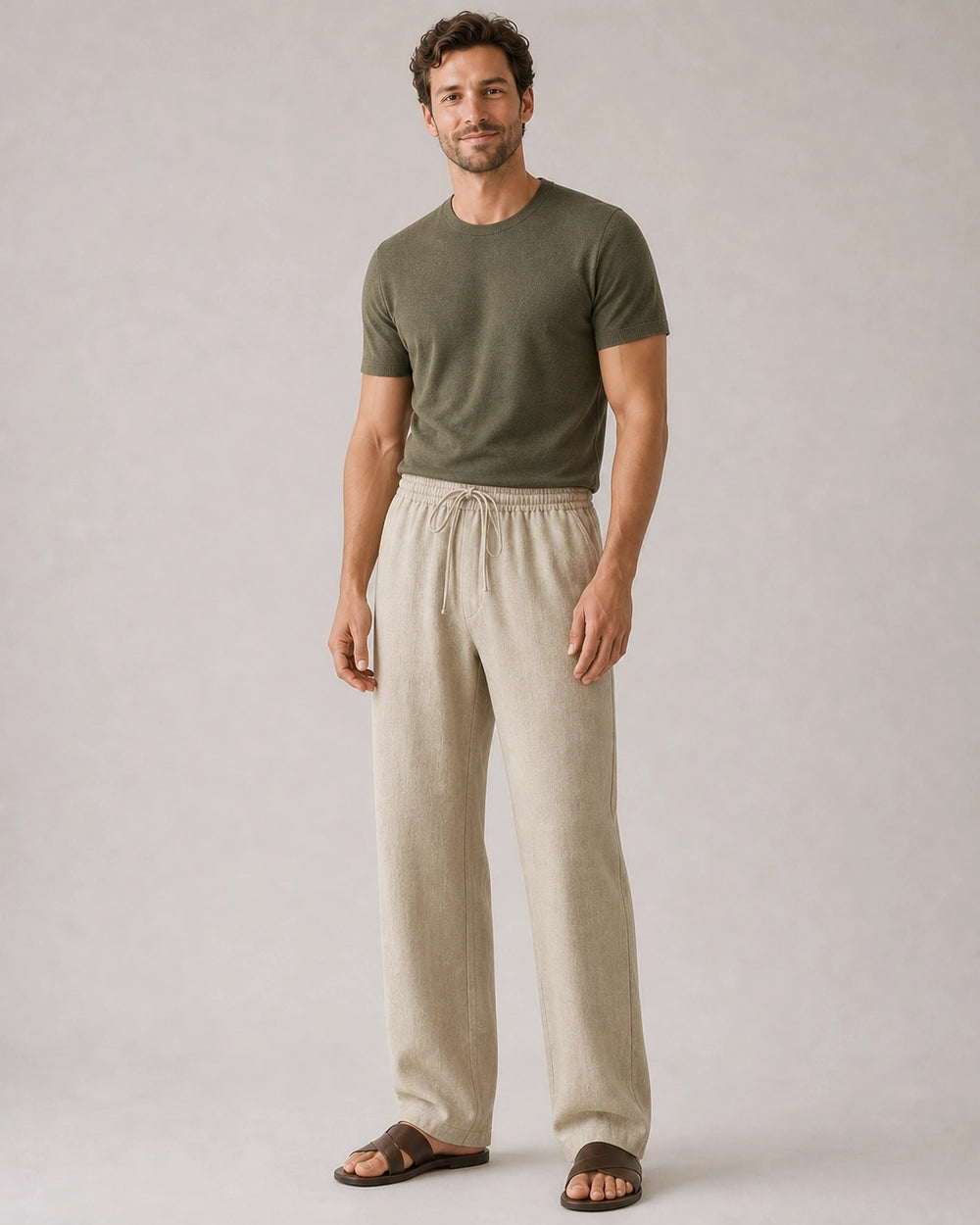 Man styling beige linen wide-leg pants with an olive knit top and sandals.