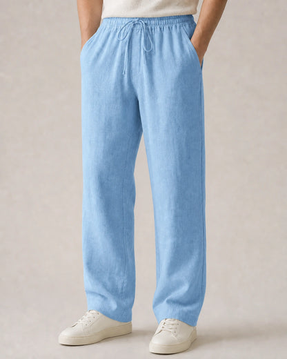 Men’s light blue linen wide-leg pants with elastic drawstring waist.
