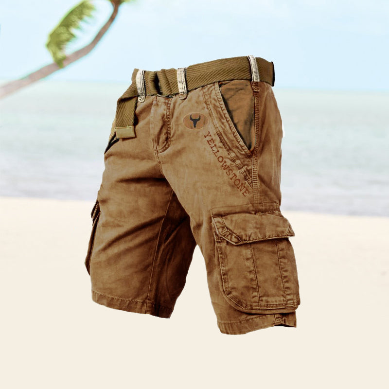 Momount pánske cargo šortky – sprané bavlnené, s opaskom, vintage distressed, dĺžka po kolená
