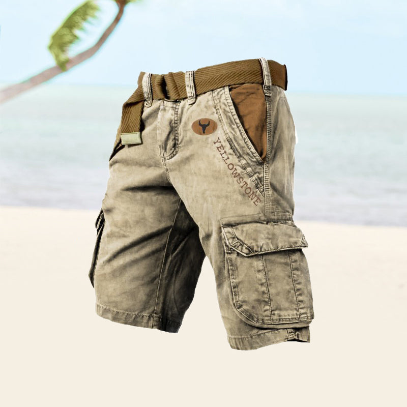 Momount pánske cargo šortky – sprané bavlnené, s opaskom, vintage distressed, dĺžka po kolená