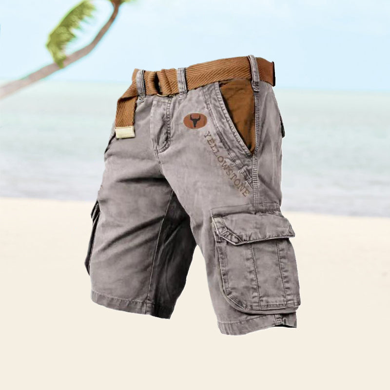 Momount pánske cargo šortky – sprané bavlnené, s opaskom, vintage distressed, dĺžka po kolená