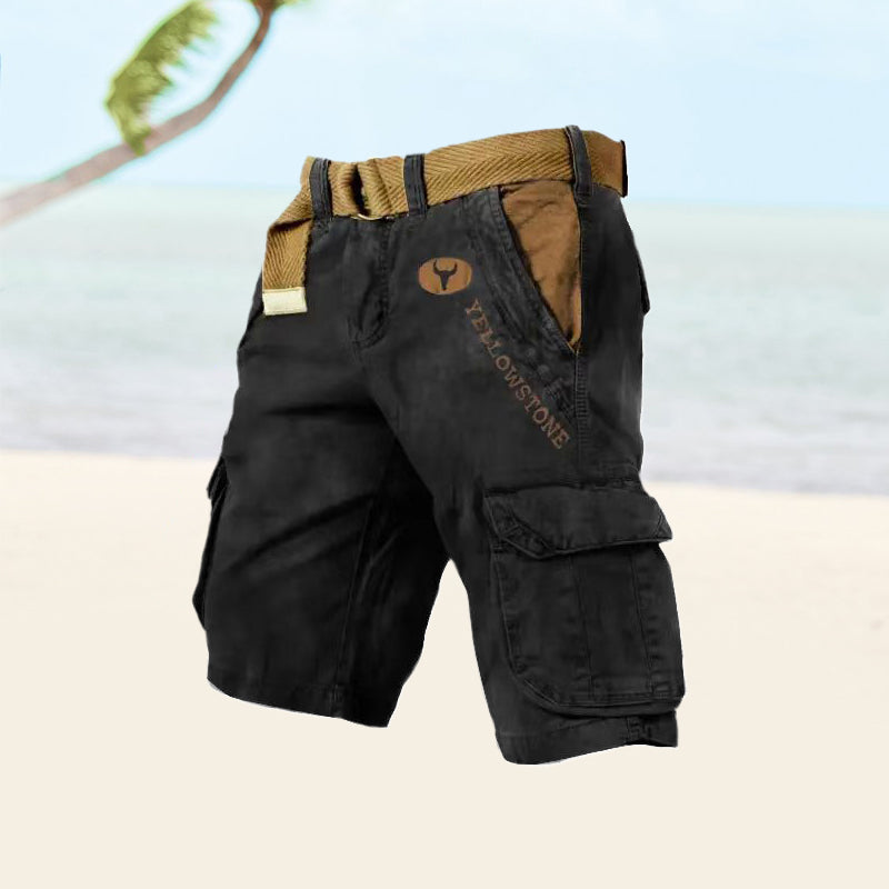 Momount pánske cargo šortky – sprané bavlnené, s opaskom, vintage distressed, dĺžka po kolená