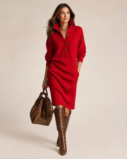 Red collared three-button knit dress worn view
