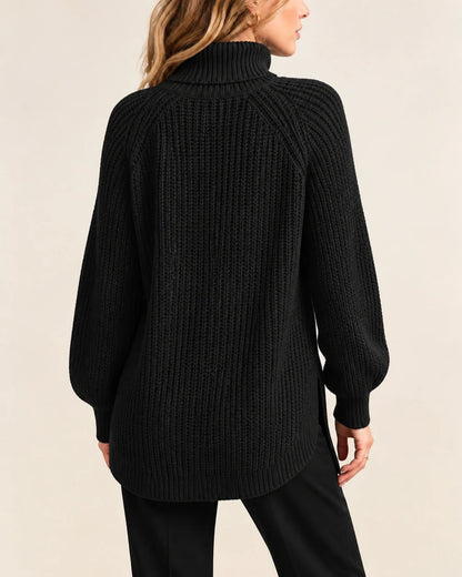 Women's high-neck raglan chunky-knit sweater, black back