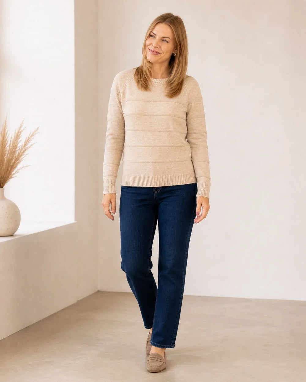 Women's oatmeal textured stripe sweater, walking lifestyle view