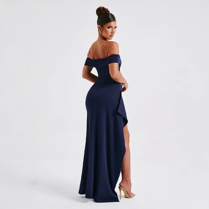Daniela | Elegantné večerné maxi šaty so spustenými ramenami, riasením a vysokým rozparkom