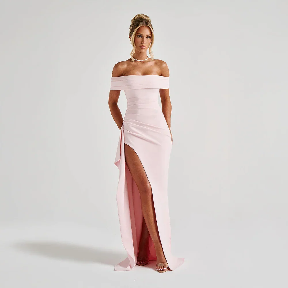 Daniela | Elegantné večerné maxi šaty so spustenými ramenami, riasením a vysokým rozparkom