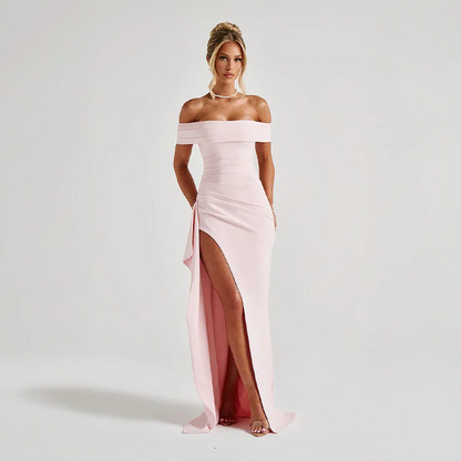 Daniela | Elegantné večerné maxi šaty so spustenými ramenami, riasením a vysokým rozparkom